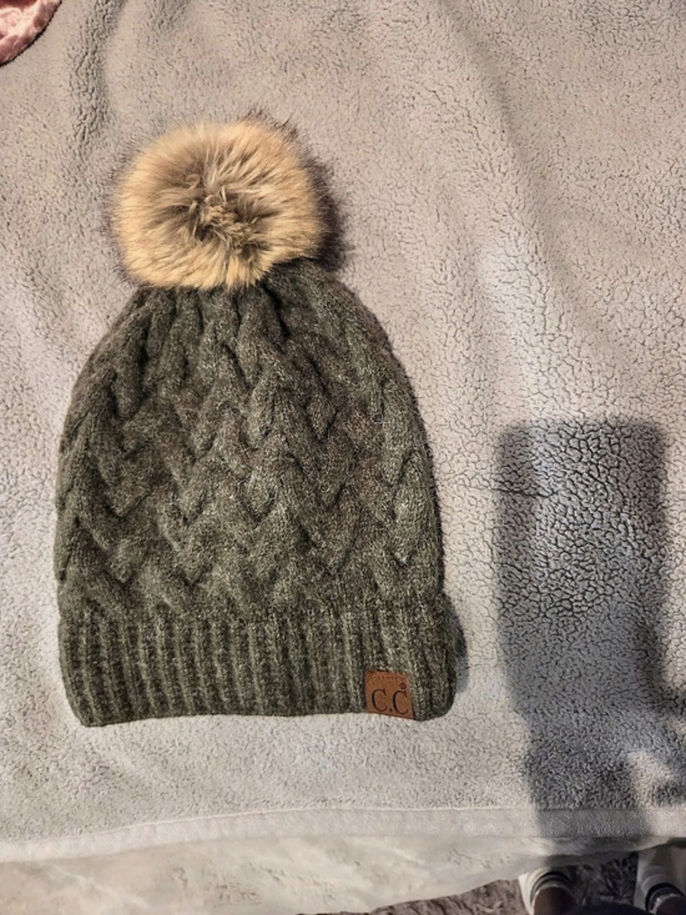 C.C Beanie with Faux Fur Pom Cable Knit Green & Brown